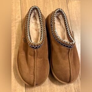 UGG Tan Suede Slip-Ons with Patterned Trim